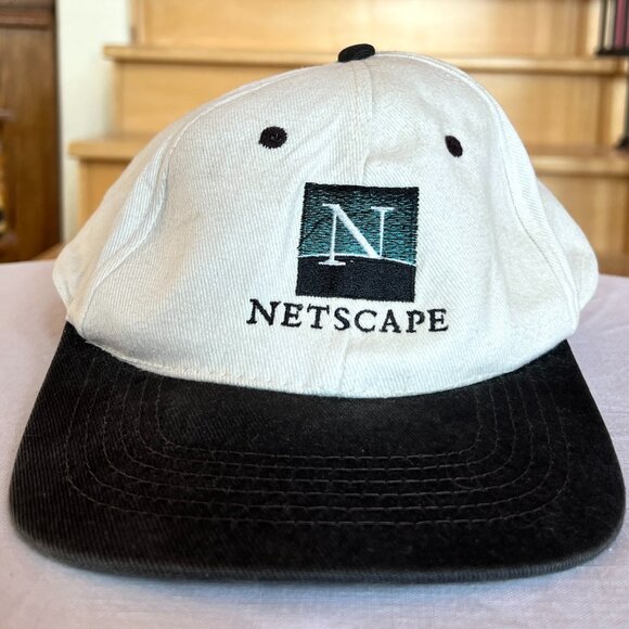 Vintage Netscape Embroidered Logo Ball Cap, Black Bill, White Cap, Adjustable